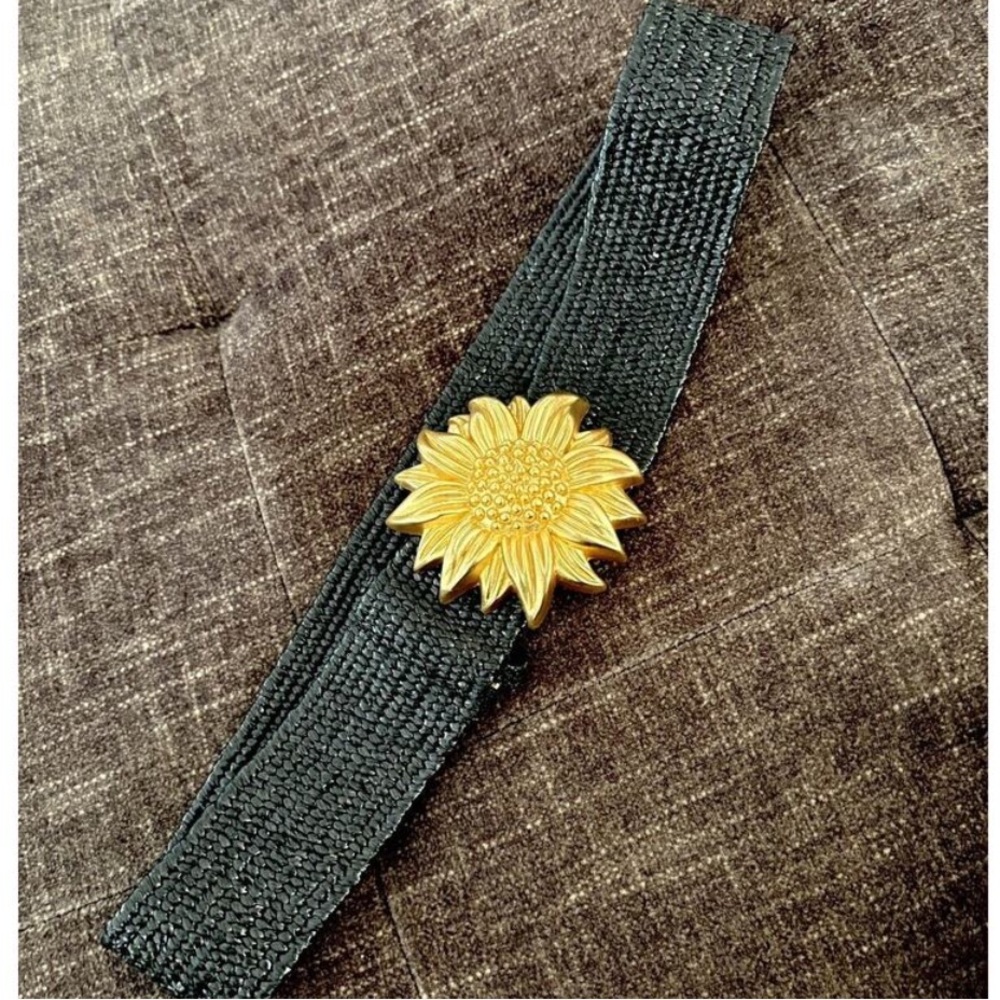 Vintage Woven Belt Adjustable Wicker Raffia Sunflower Buckle Stretchy 90s